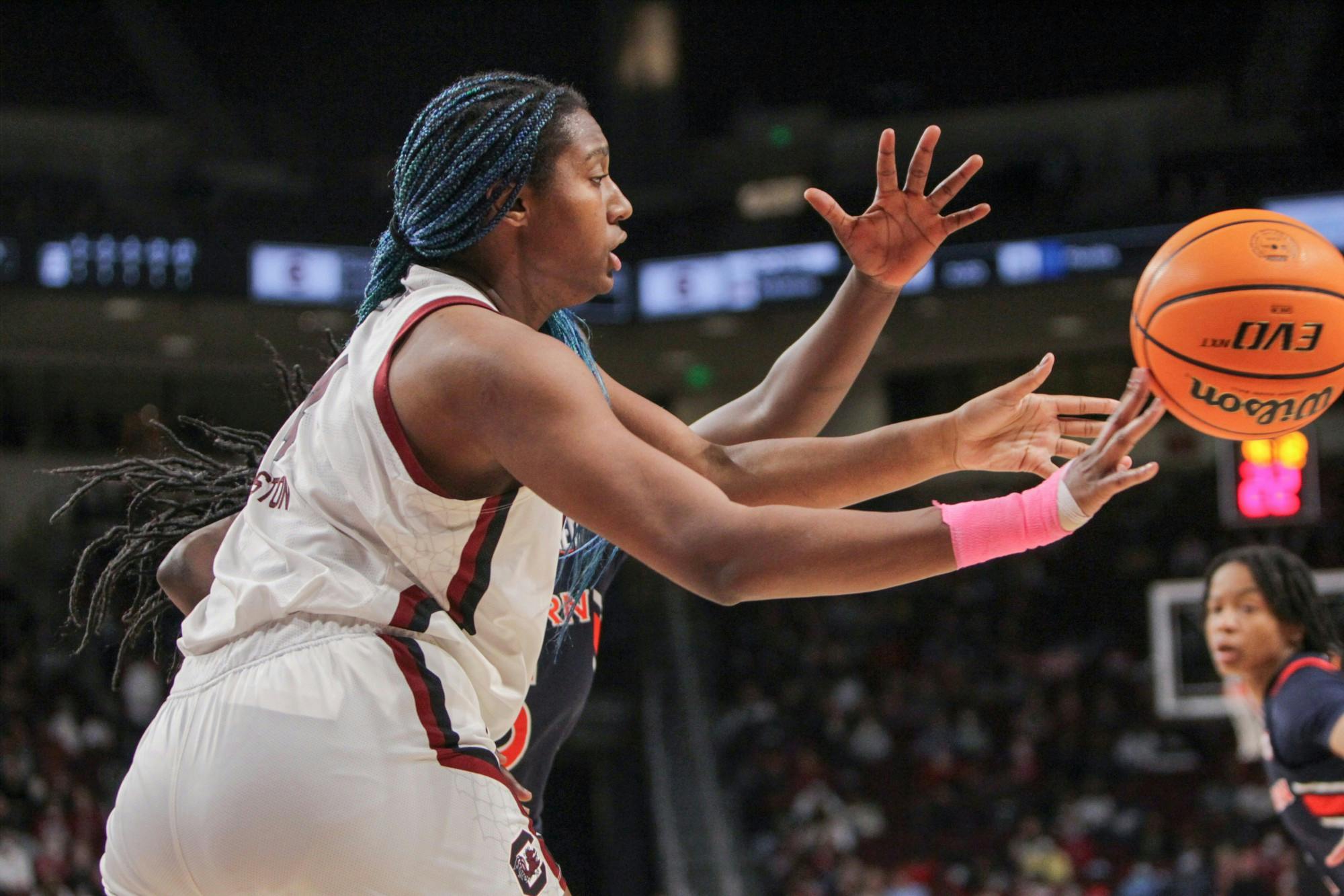 Junior forward Aliyah Boston receives a pass during a game on Feb. 17, 2022 at Colonial Life Arena in Columbia, SC. The Gamecocks beat Auburn 75-38.