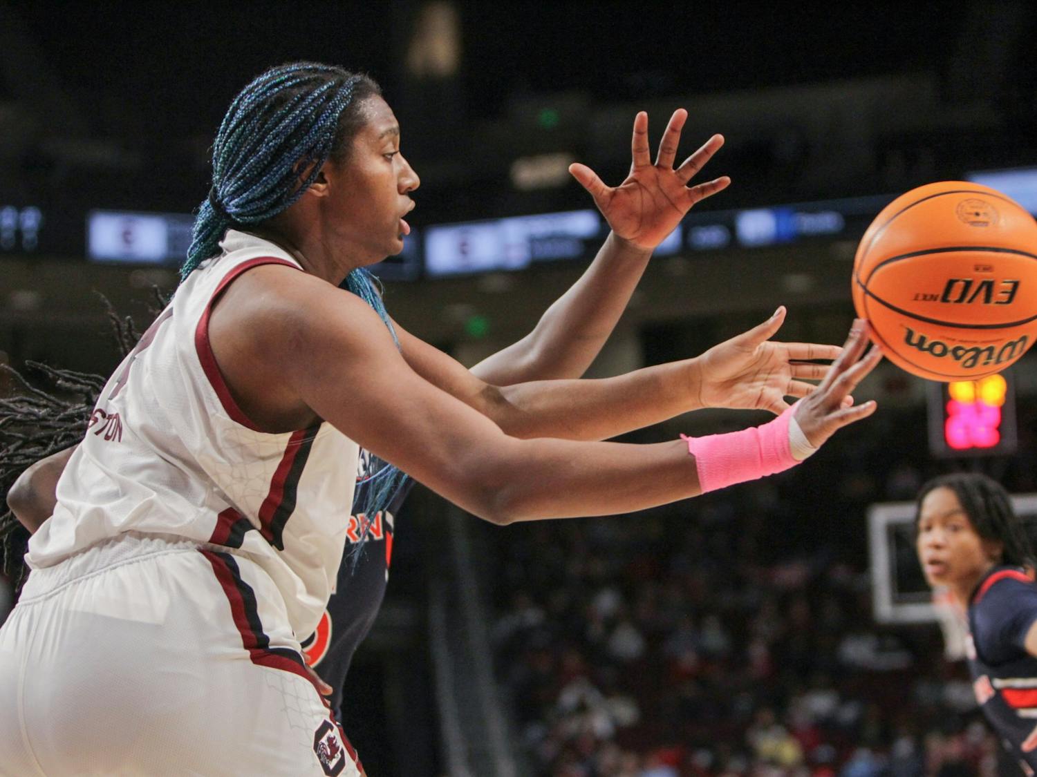 Junior forward Aliyah Boston receives a pass during a game on Feb. 17, 2022 at Colonial Life Arena in Columbia, SC. The Gamecocks beat Auburn 75-38.