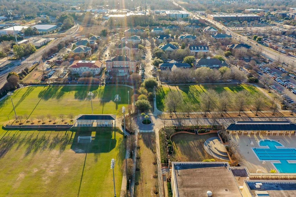 <p>An aerial view of the Strom Thurmond Wellness and Fitness Center and Greek Village on Feb. 7, 2024. Plans are being made to expand Greek Village onto the multipurpose fields to meet the demand of the growing Greek Life population.</p>