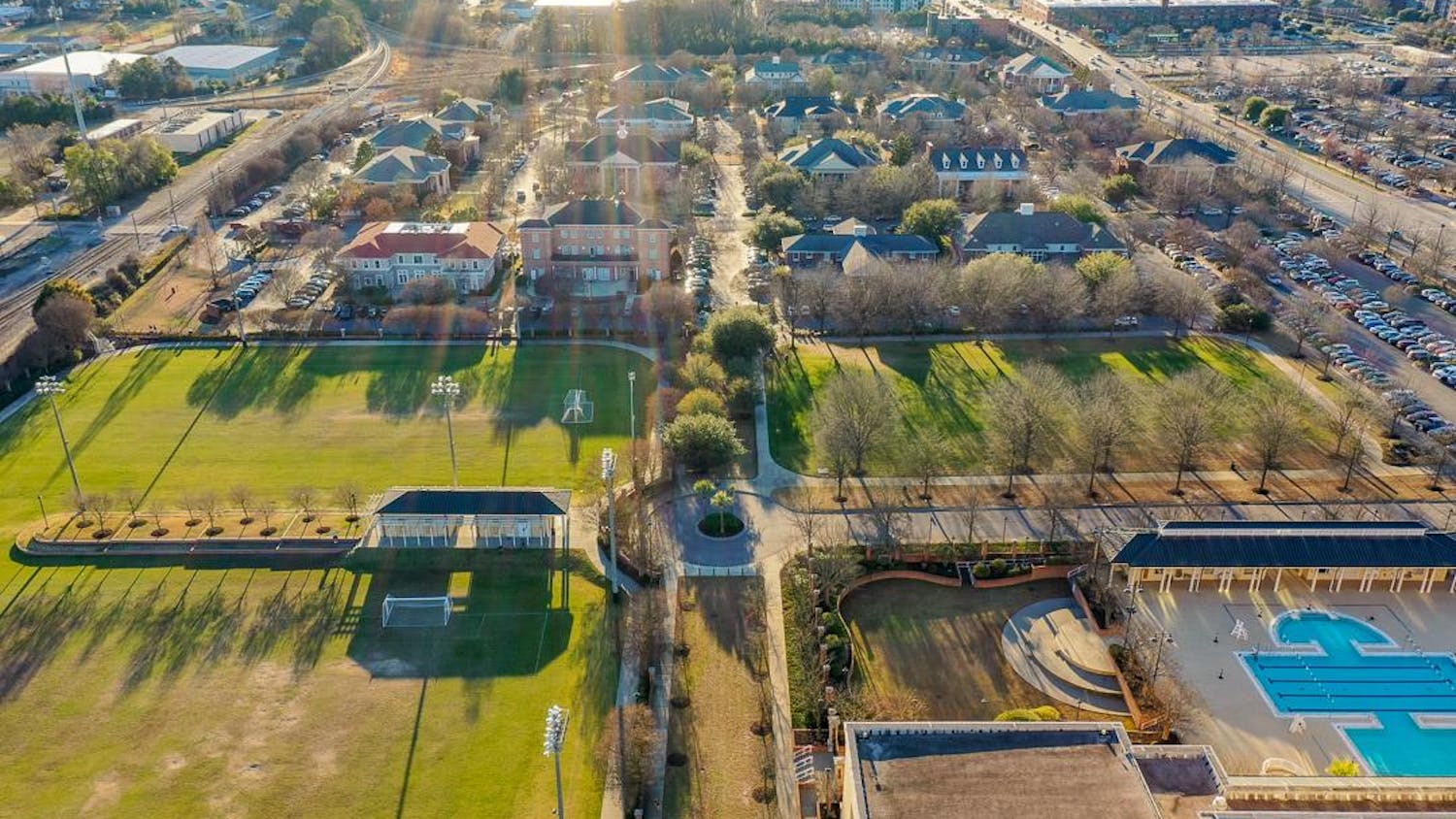 An aerial view of the Strom Thurmond Wellness and Fitness Center and Greek Village on Feb. 7, 2024. Plans are being made to expand Greek Village onto the multipurpose fields to meet the demand of the growing Greek Life population.