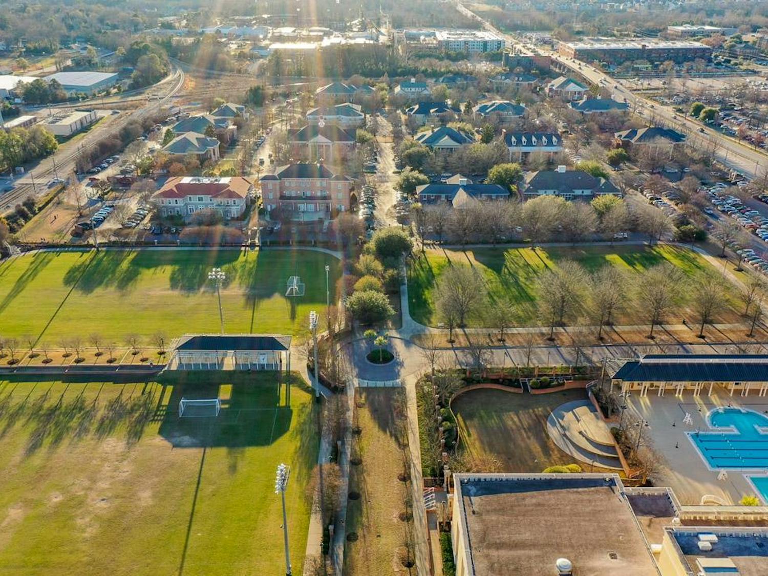 An aerial view of the Strom Thurmond Wellness and Fitness Center and Greek Village on Feb. 7, 2024. Plans are being made to expand Greek Village onto the multipurpose fields to meet the demand of the growing Greek Life population.