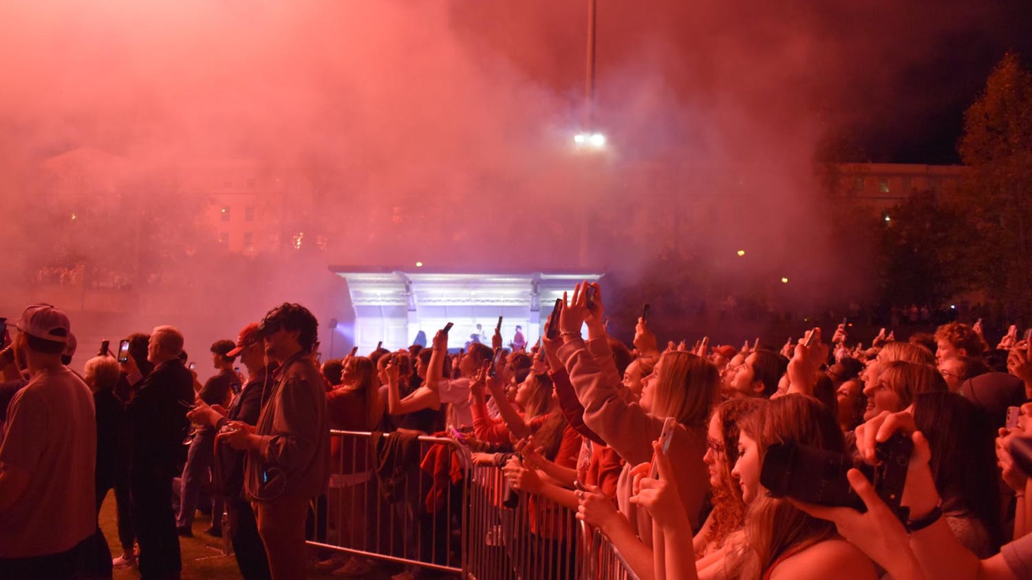 Students look on as fireworks and the burning tiger structure light up the sky during the annual Tiger Burn at Blatt Field on Nov. 20, 2024. The tiger was built by students in the USC chapter of the American Society of Mechanical Engineers and the Society of Hispanic Professional Engineers.