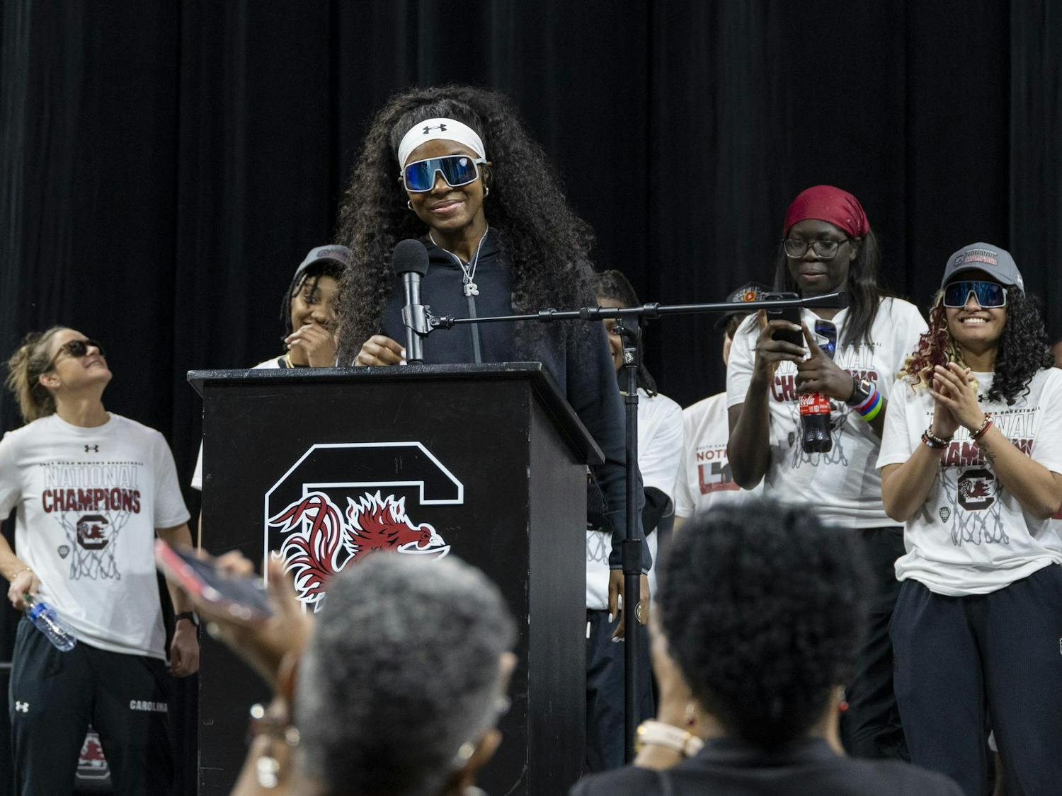 Sophomore guard Raven Johnson speaks to a crowd of fans at Colonial Life Arena on April 8, 2024. "The revenge tour is over," Johnson said. "Now it’s time for a repeat tour."