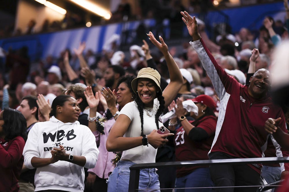 <p>For Gamecocks A'ja Wilson celebrates during the fourth quarter of South Carolina's 64-49 victory over UConn during the 2022 national championship on April 3, 2022.</p>