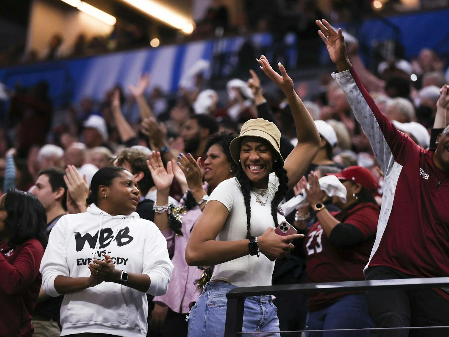 For Gamecocks A'ja Wilson celebrates during the fourth quarter of South Carolina's 64-49 victory over UConn during the 2022 national championship on April 3, 2022.