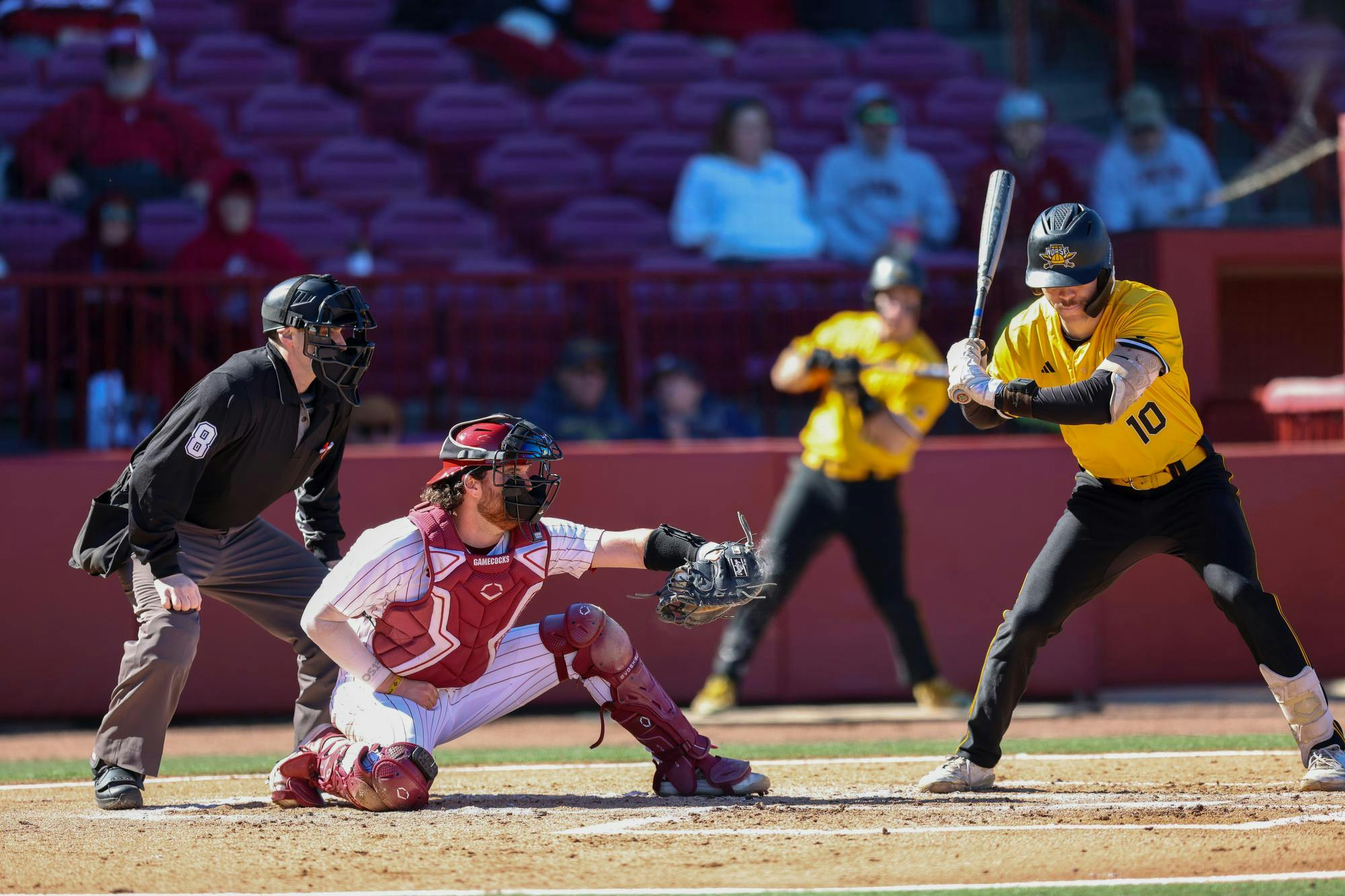 FILE —&nbsp;Fifth-year catcher Talmadge LeCroy catches a strike at home plate during the game against Northern Kentucky University on Feb. 13, 2026. LeCroy recorded a season record of 13 putouts.