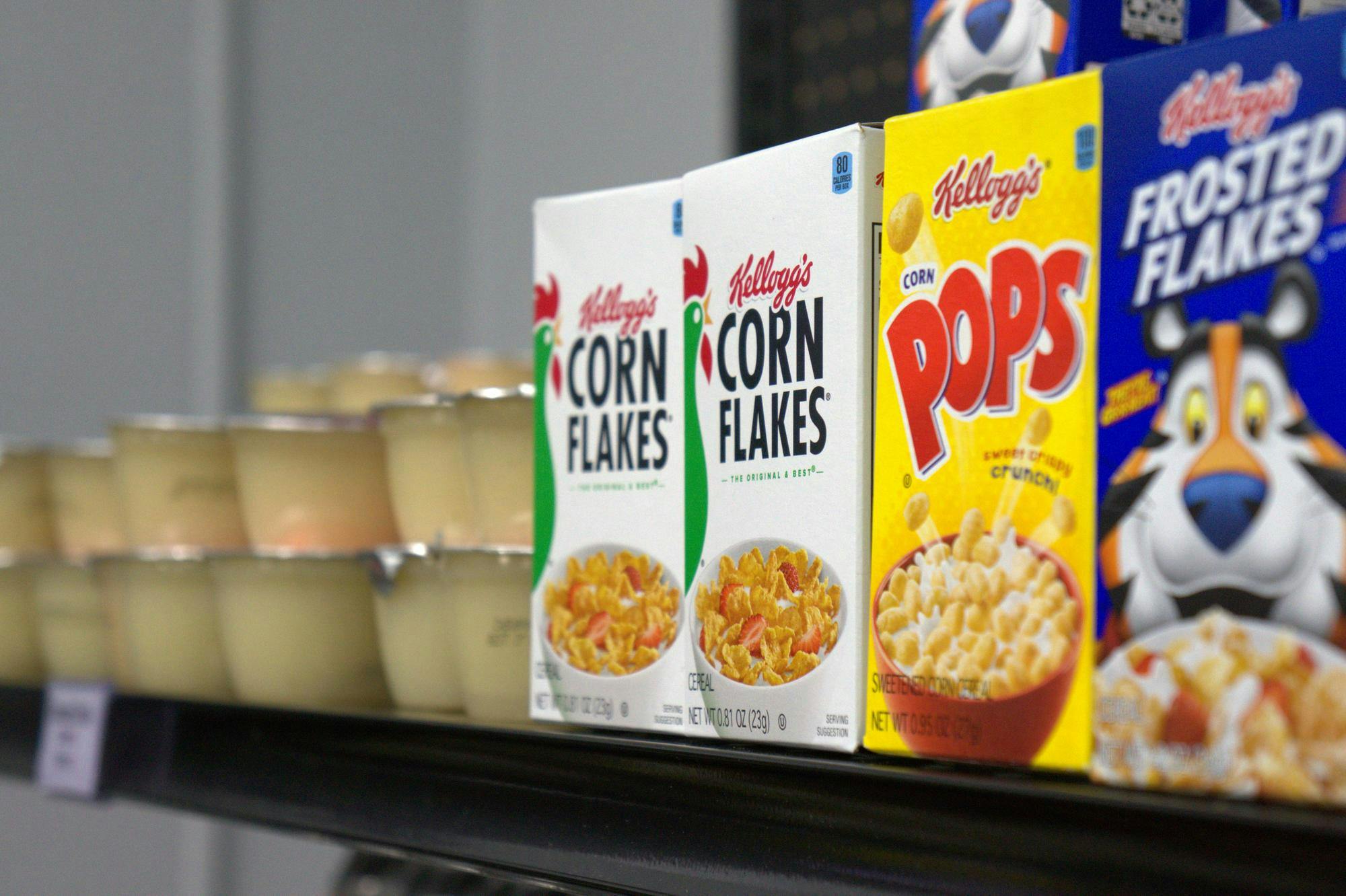 Cereals displayed in the CommUnity shop, located in the Carolina Coliseum in Columbia, South Carolina, on Oct. 15, 2025. The CommUnity shop mission is to provide food, clothing and supplies to students and staff in need