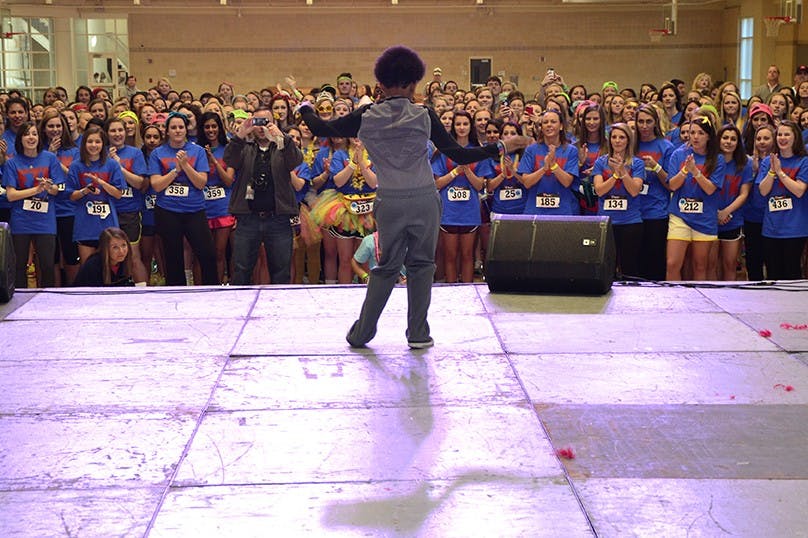 	Miracle child Keldon Hemingway performed a dance routine of his own at Dance Marathon, drawing cheers from all those present. Keldon was one of several miracle children who shared their stories at Dance Marathon.
Malique Rankin/The Daily Gamecock
