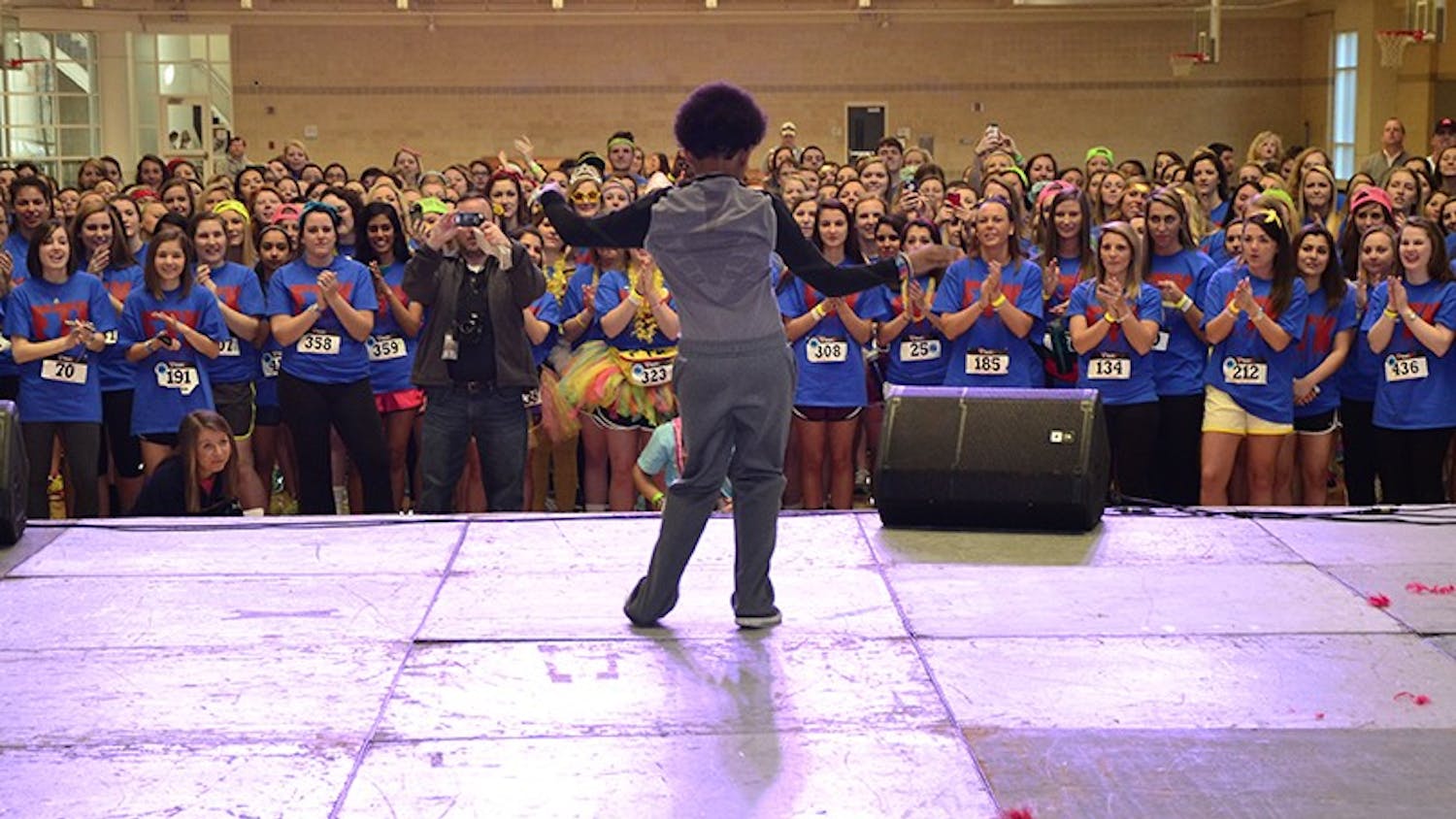 	Miracle child Keldon Hemingway performed a dance routine of his own at Dance Marathon, drawing cheers from all those present. Keldon was one of several miracle children who shared their stories at Dance Marathon.
Malique Rankin/The Daily Gamecock