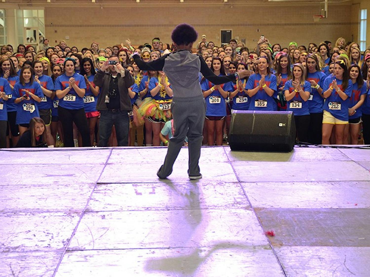 	Miracle child Keldon Hemingway performed a dance routine of his own at Dance Marathon, drawing cheers from all those present. Keldon was one of several miracle children who shared their stories at Dance Marathon.
Malique Rankin/The Daily Gamecock
