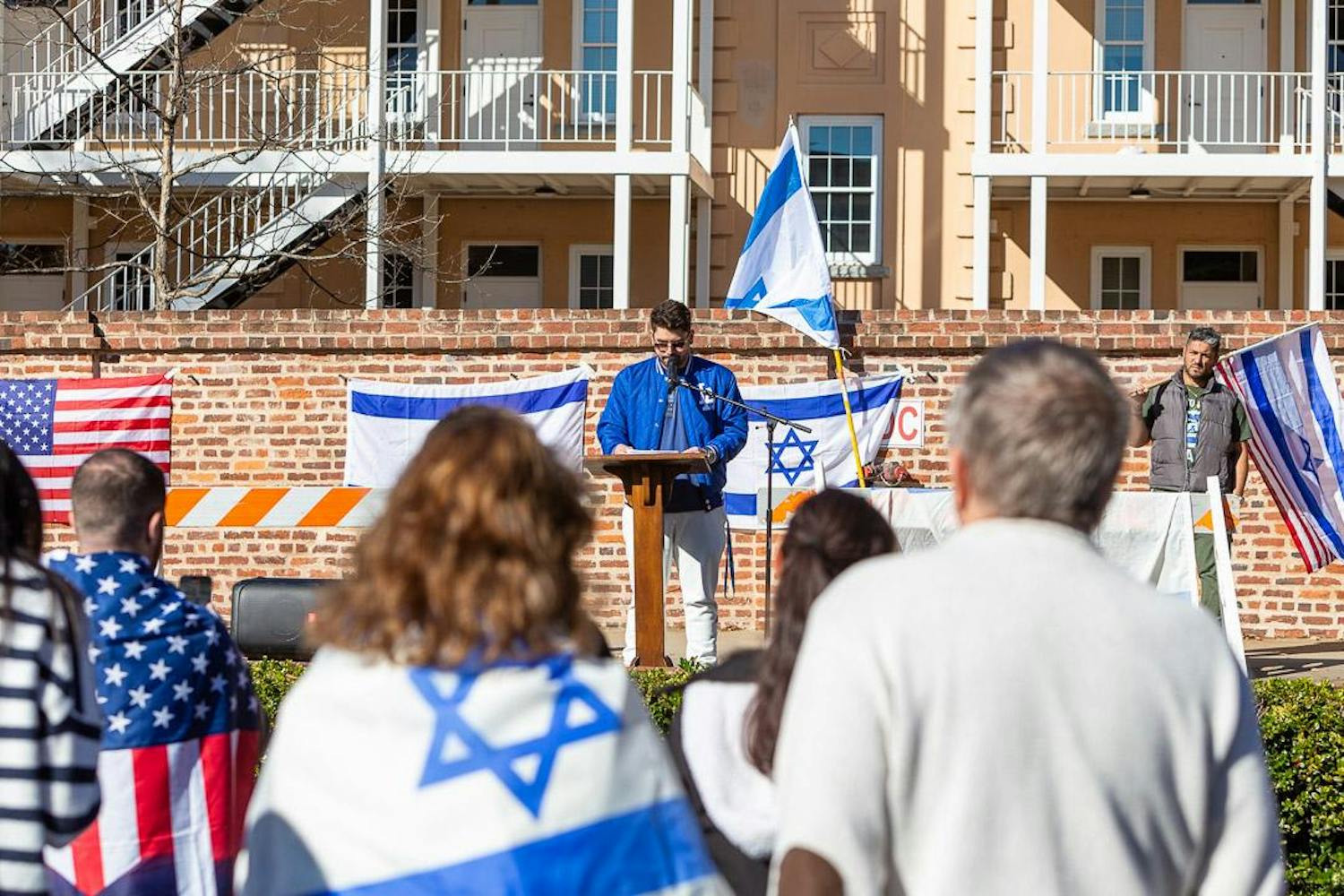 Alpha Epsilon Pi President Bari Klarberg speaks during a pro-Israel rally on Greene Street on Dec. 7, 2023. Klarberg told attendees to educate themselves and educate others amid misinformation about the war in Gaza.