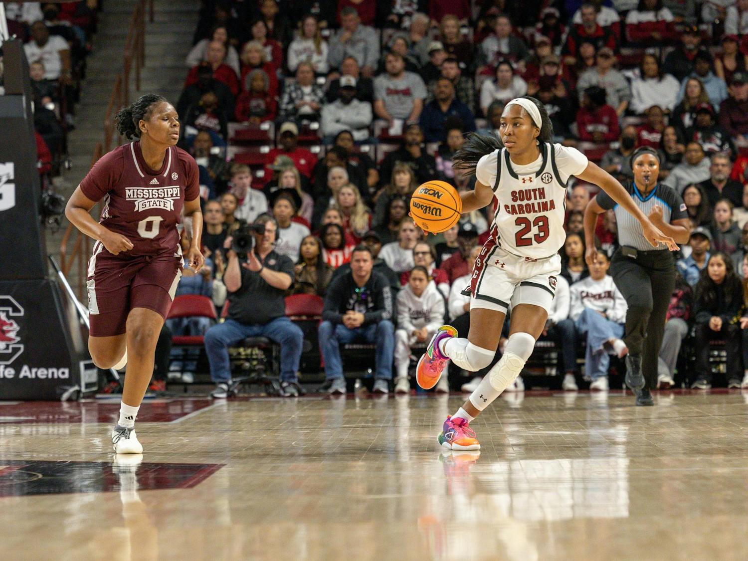 Junior Guard Bree Hall drives the ball through the court against Mississippi's defense in its SEC home opener on Jan. 7, 2024. Hall led the Gamecocks with 15 points in the 85-66 victory over Mississippi State.