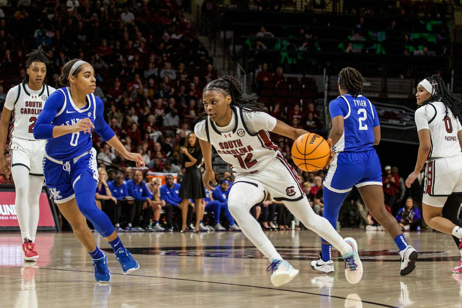 Freshman guard MiLaysia Fulwiley drives the ball against the Kentucky defense on Jan. 15, 2024 at Colonial Life Arena. Fulwiley contributed 14 points to the ɫɫƵs 98-36 victory against the Wildcats.