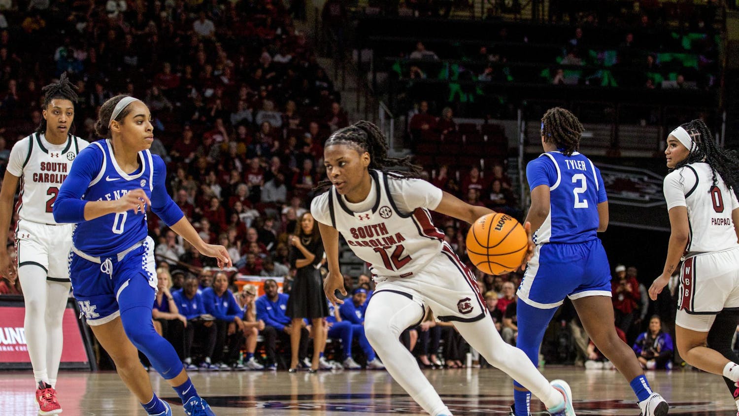 Freshman guard MiLaysia Fulwiley drives the ball against the Kentucky defense on Jan. 15, 2024 at Colonial Life Arena. Fulwiley contributed 14 points to the Gamecocks 98-36 victory against the Wildcats.