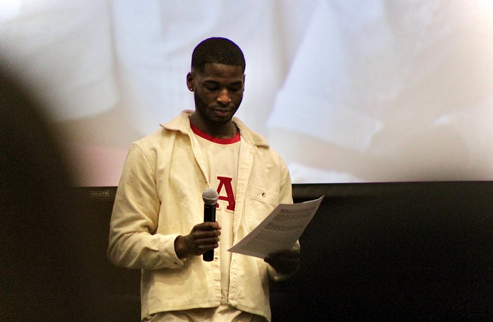 <p>Devin Williams, the president of USC's chapter of the National Pan-Hellenic Council (NPHC), speaks at NPHC's annual Strolling Through History event on Feb. 21 at the Russell House Ballroom. The event showcased performances from most of the eight historically Black sororities and fraternities on USC's campus.&nbsp;</p>