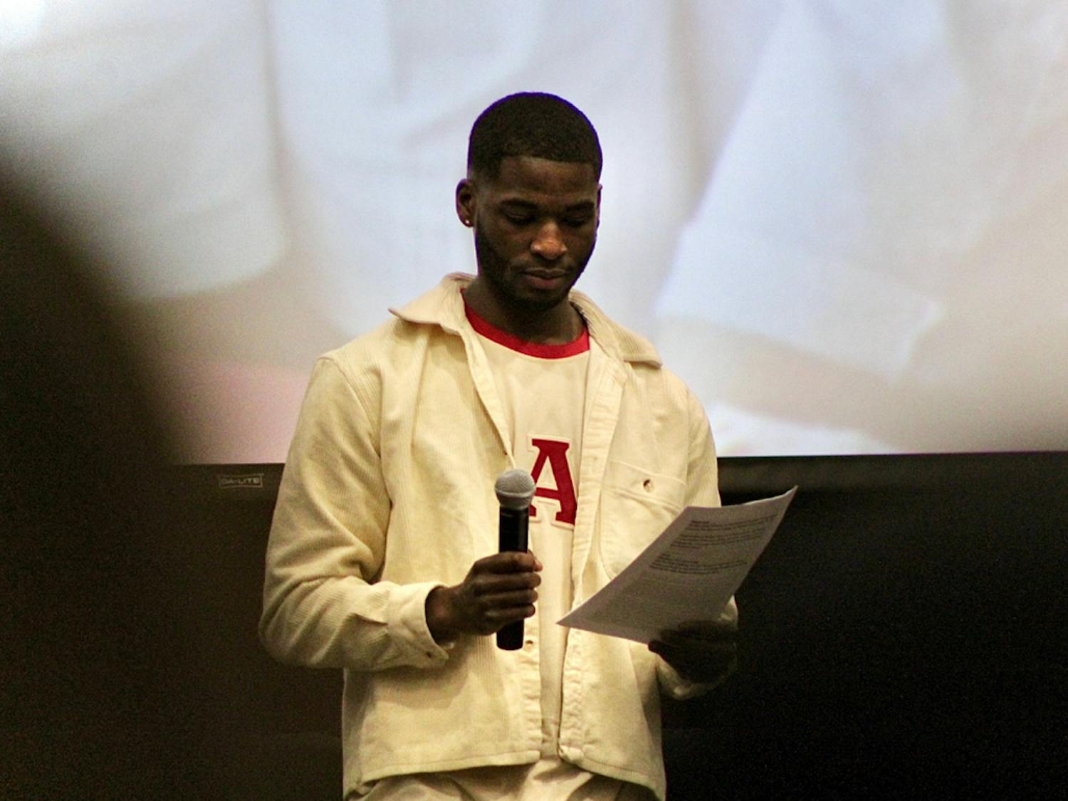 Devin Williams, the president of USC's chapter of the National Pan-Hellenic Council (NPHC), speaks at NPHC's annual Strolling Through History event on Feb. 21 at the Russell House Ballroom. The event showcased performances from most of the eight historically Black sororities and fraternities on USC's campus. 