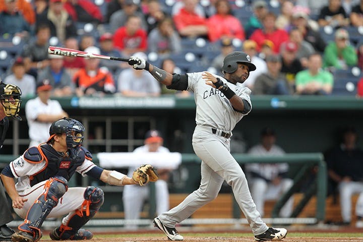 South Carolina&apos;s Jackie Bradley Jr. connects on a pitch in the first inning against Virginia during the College World Series at TD Ameritrade Park in Omaha, Nebraska, Tuesday, June 21, 2011. The University of South Carolina defeated the University of Virginia, 7-1. (Gerry Melendez/The State/MCT)