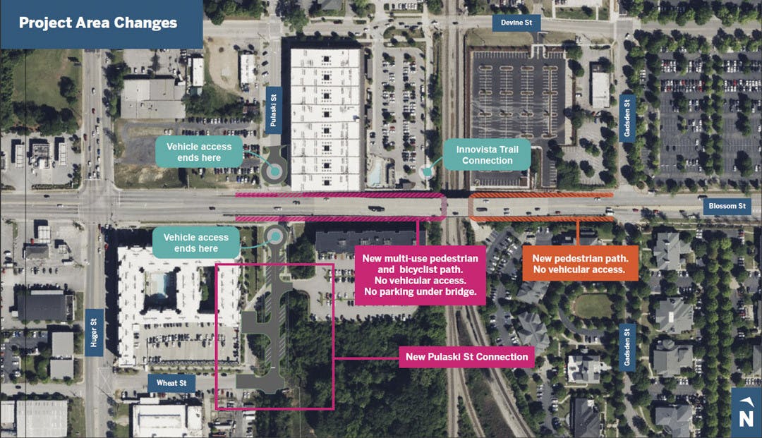 A map showing the construction plans for the Blossom Street Bridge Project. Construction on the bridge is planned to take place as early as summer 2024, which will add pedestrian and bike passages under the bridge, and sidewalks will be added to the top of bridge for pedestrian access as well.