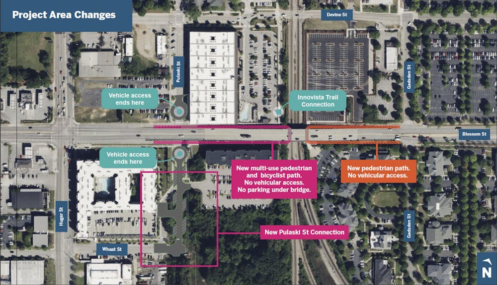 <p>A map showing the construction plans for the Blossom Street Bridge Project. Construction on the bridge is planned to take place as early as summer 2024, which will add pedestrian and bike passages under the bridge, and sidewalks will be added to the top of bridge for pedestrian access as well.</p>