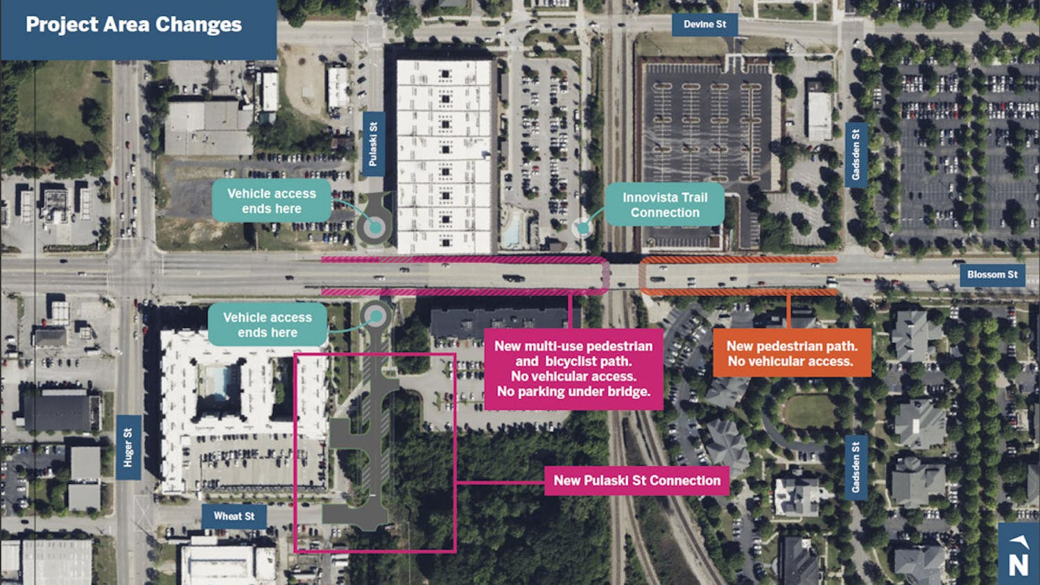 A map showing the construction plans for the Blossom Street Bridge Project. Construction on the bridge is planned to take place as early as summer 2024, which will add pedestrian and bike passages under the bridge, and sidewalks will be added to the top of bridge for pedestrian access as well.