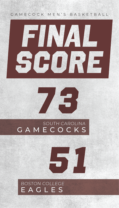 A final score graphic of a game between South Carolina men's basketball and Boston College reads, "South Carolina Gamecocks, 73" and "Boston College Eagles, 51".