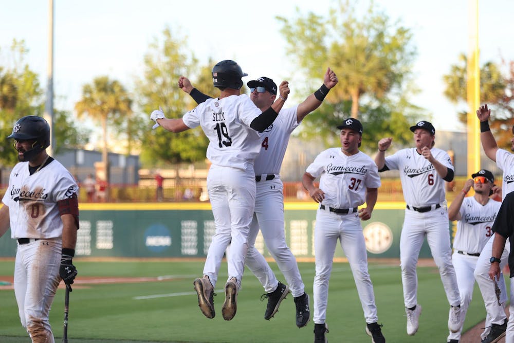 <p>Sophomore infielder KJ Scobey and teammates celebrate after Scobey hits a home run on April 21, 2025, against Presbyterian at Founders Park. The Gamecocks won 9-3 against the Blue Hose.</p>