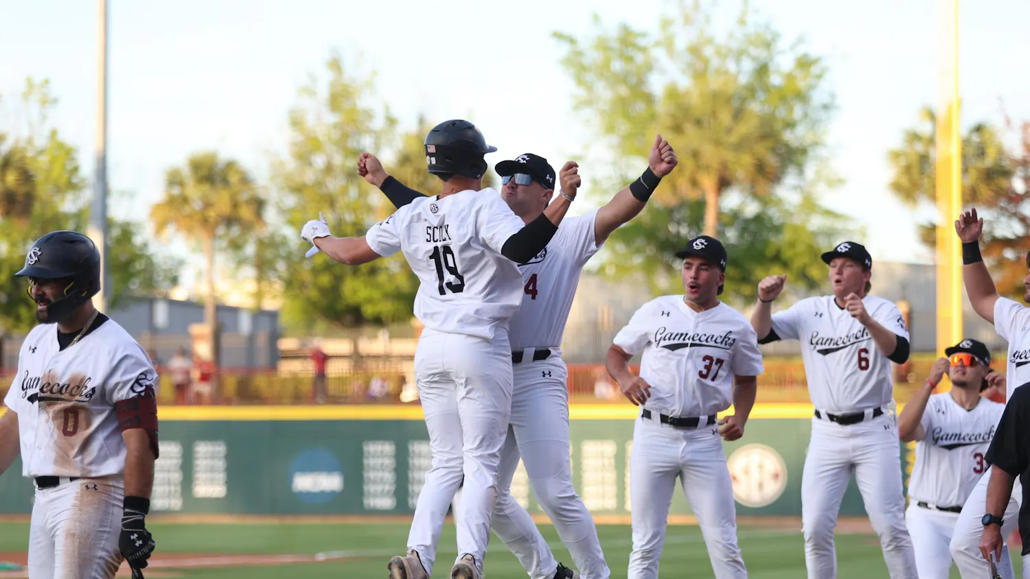 Sophomore infielder KJ Scobey and teammates celebrate after Scobey hits a home run on April 21, 2025, against Presbyterian at Founders Park. The Gamecocks won 9-3 against the Blue Hose.