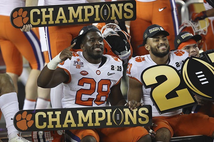 Tavien Feaster (28) of the Clemson Tigers celebrates after his team&apos;s 44-16 win over the Alabama Crimson Tide in the CFP National Championship presented by AT&amp;T at Levi&apos;s Stadium on Jan. 7, 2019 in Santa Clara, Calif. (Sean M. Haffey/Getty Images/TNS)