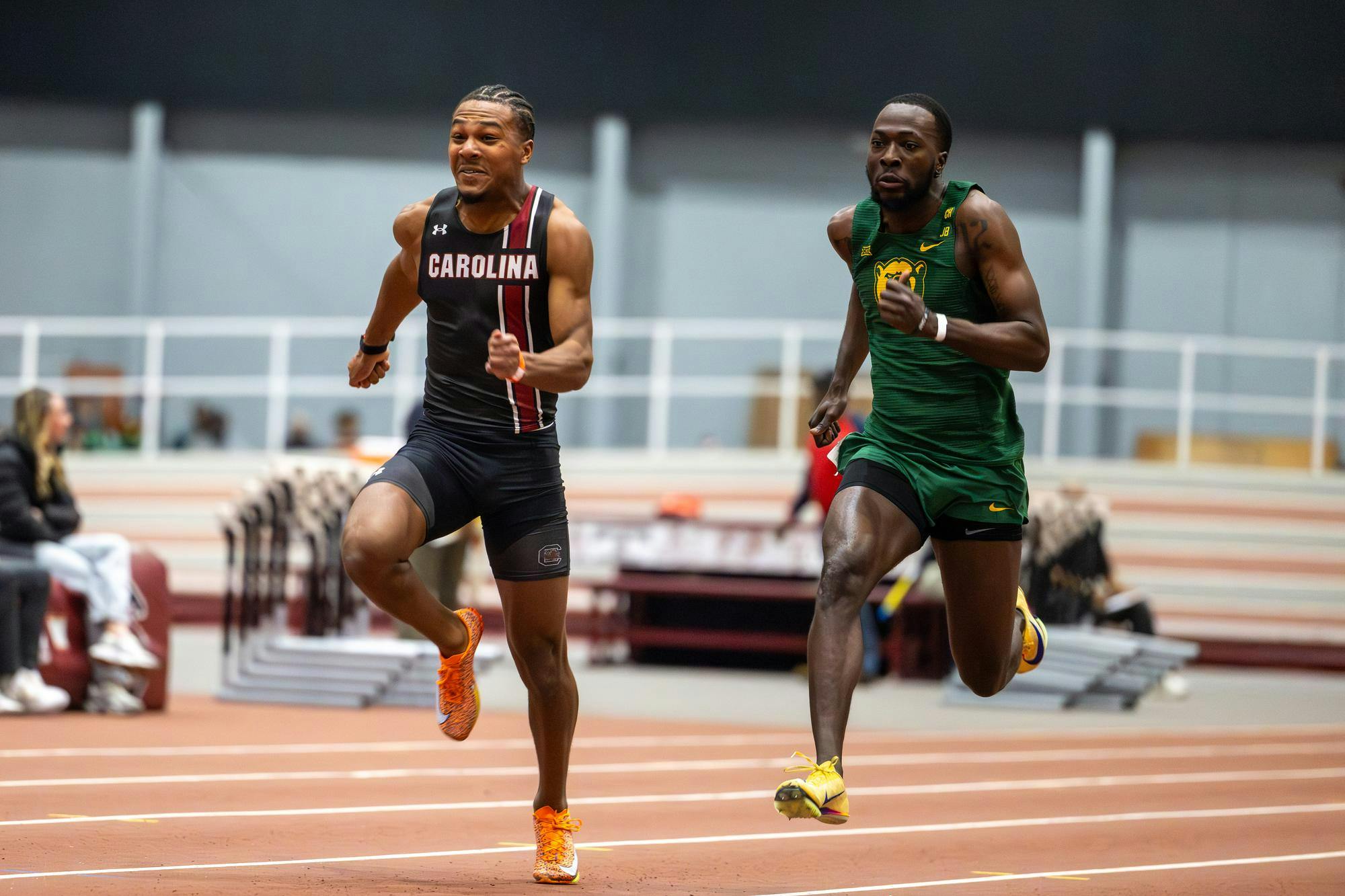 Freshman sprinter Niles Briggman dashes down the track during the men's 60m at the Carolina Classic track and field meet on Feb. 6, 2026. Briggman finished with a time of 7.05 seconds.