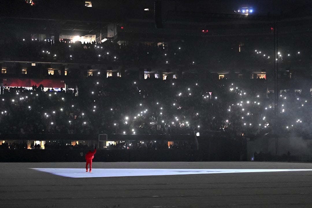 Kanye West performs his songs at the "DONDA by Kanye West" listening event at the first Donda listening party, in the Mercedes-Benz Stadium. West's most recent album was released through labels GOOD Music and Def Jam Recordings and is named after his mother.&nbsp;