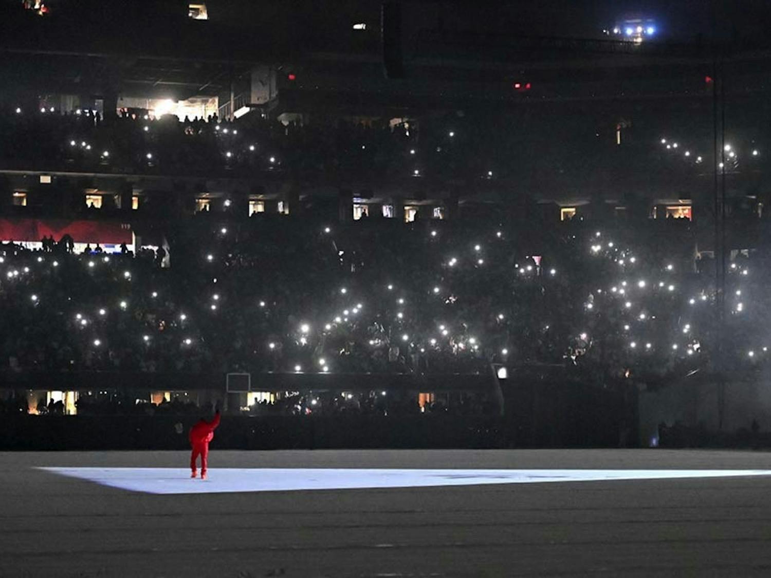 Kanye West performs his songs at the "DONDA by Kanye West" listening event at the first Donda listening party, in the Mercedes-Benz Stadium. West's most recent album was released through labels GOOD Music and Def Jam Recordings and is named after his mother.&nbsp;