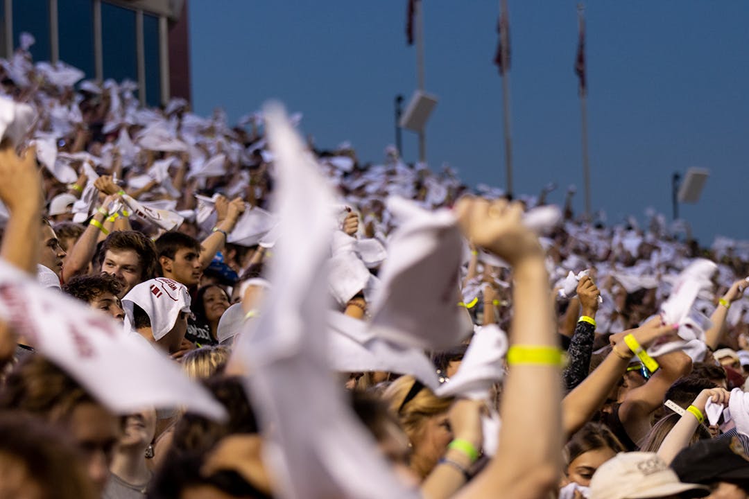 The Sandstorm begins in the student section of Williams-Brice Stadium as rally towels are flailed around.