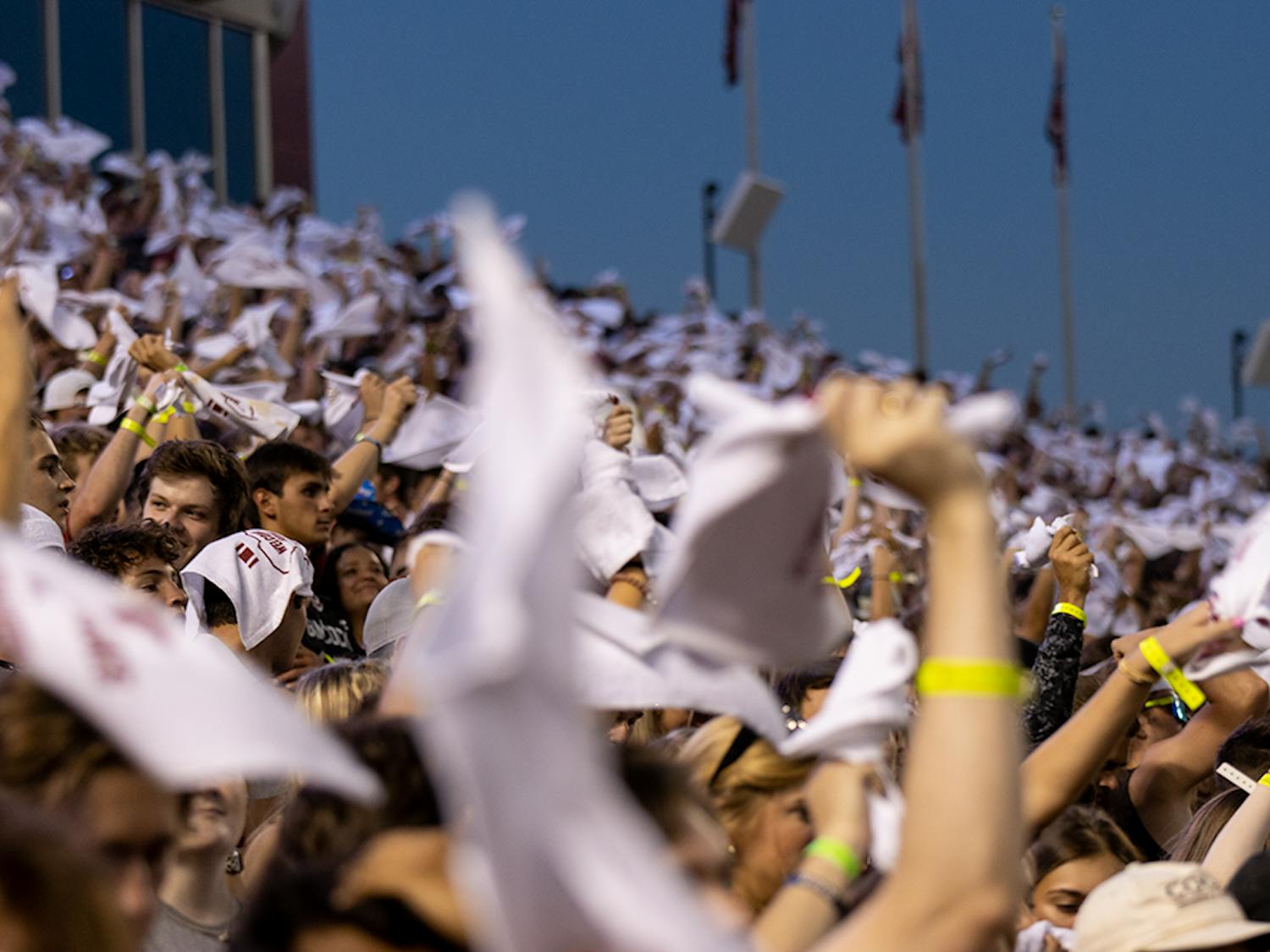 The Sandstorm begins in the student section of Williams-Brice Stadium as rally towels are flailed around.