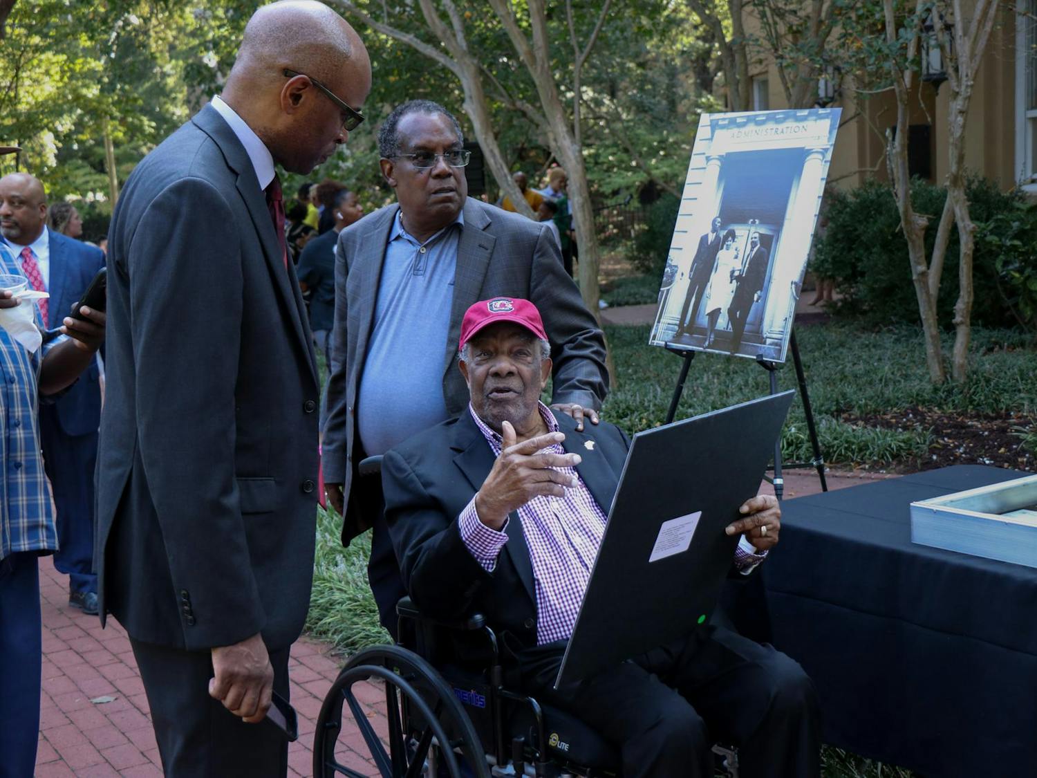 James L. Solomon Jr. talks to attendants of the plaque unveiling at LeConte College on Sept. 11, 2023. Solomon Jr. was the first Black graduate student in mathematics at the University of South Carolina.