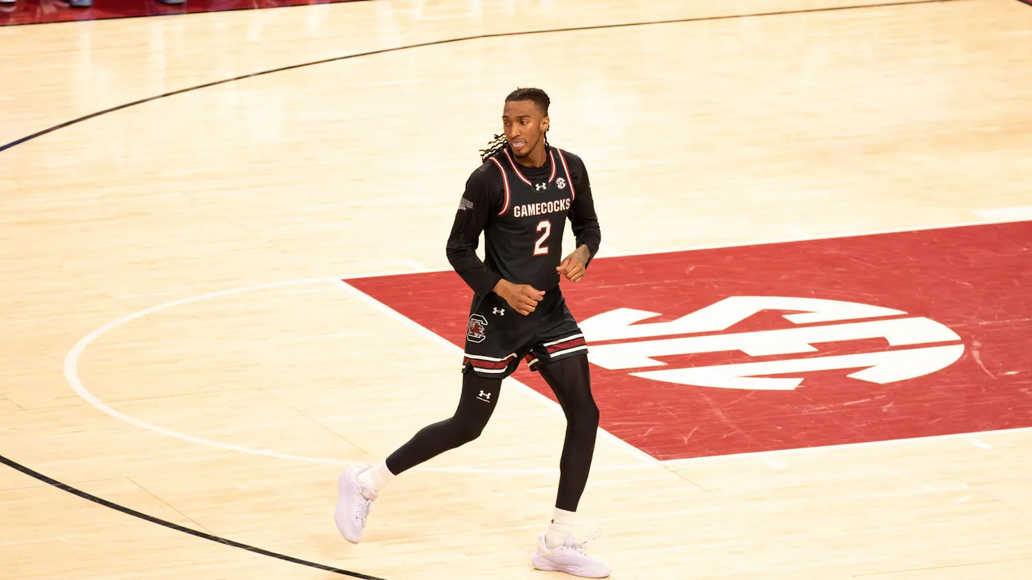 Junior guard Zachary Davis hustles back on defense after sinking a basket for the Gamecocks during their matchup against the Florida Gators at Colonial Life Arena on Jan. 22, 2025. His effort helped maintain the team’s momentum in a tightly contested matchup.