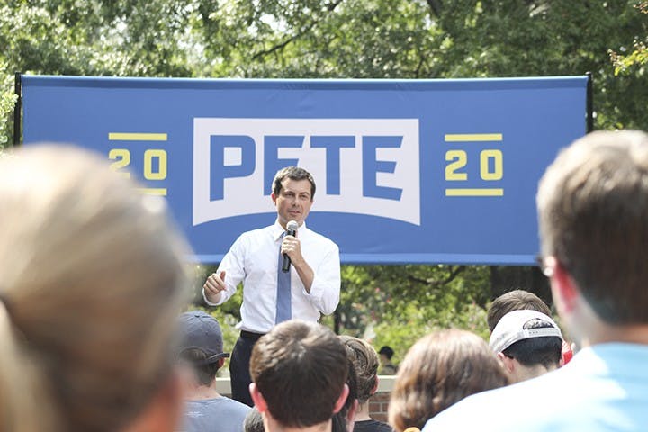 Democratic presidential candidate Pete Buttegieg speaks to students and supporters at Russell House on Tuesday afternoon. 