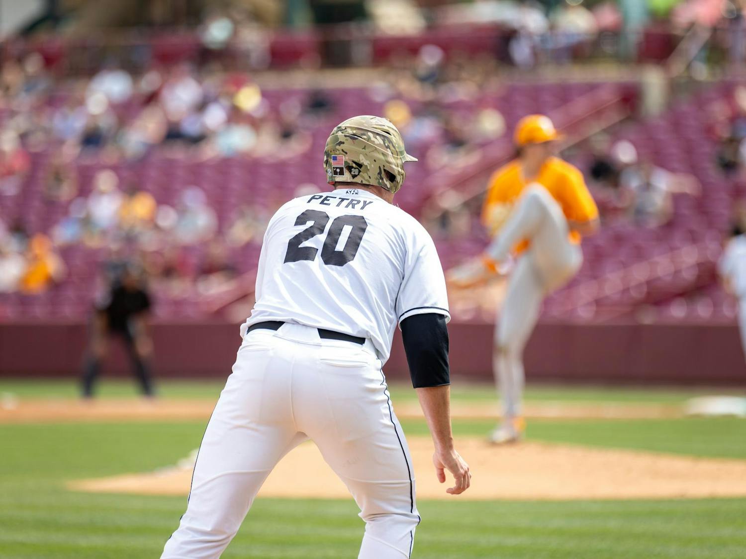 Junior outfielder Ethan Petry looks toward home while leading off third base on March 30, 2025, at Founders Park. The Gamecocks lost 7-2 to the No. 1 Tennessee Volunteers.