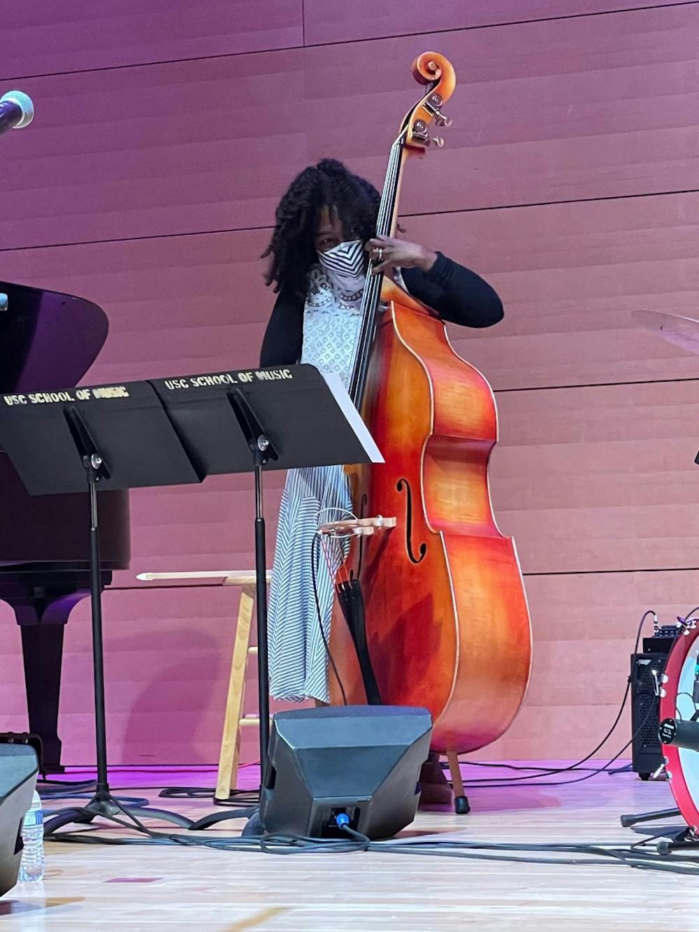 <p>CC &amp; The Adelitas bass player Mimi Jones performs at the band's live debut concert on Oct. 25, 2021, at the Darla Moore School of Business Johnson Performance Hall. The all-female, professor-led band represents intersectionality and embraces Mexican culture in jazz music.</p>