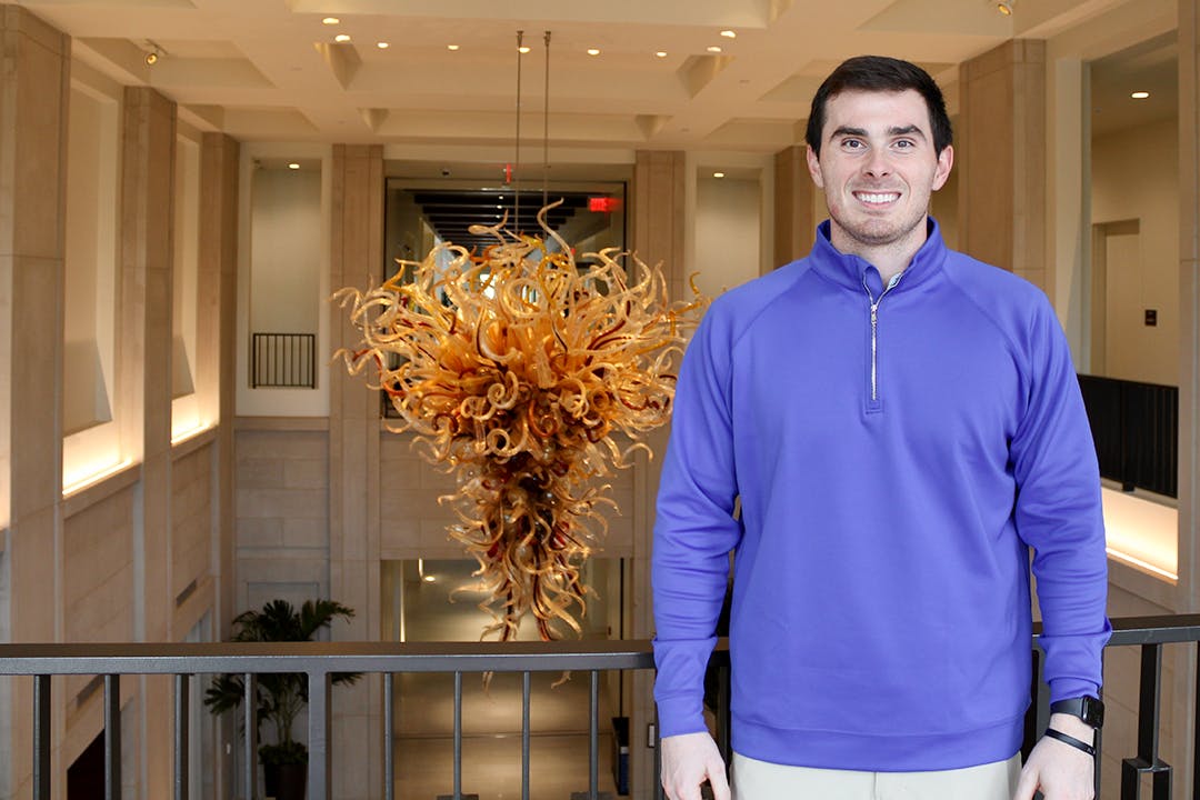&nbsp;Michael&nbsp;Scarnecchia standing on the second floor of the USC Law School.