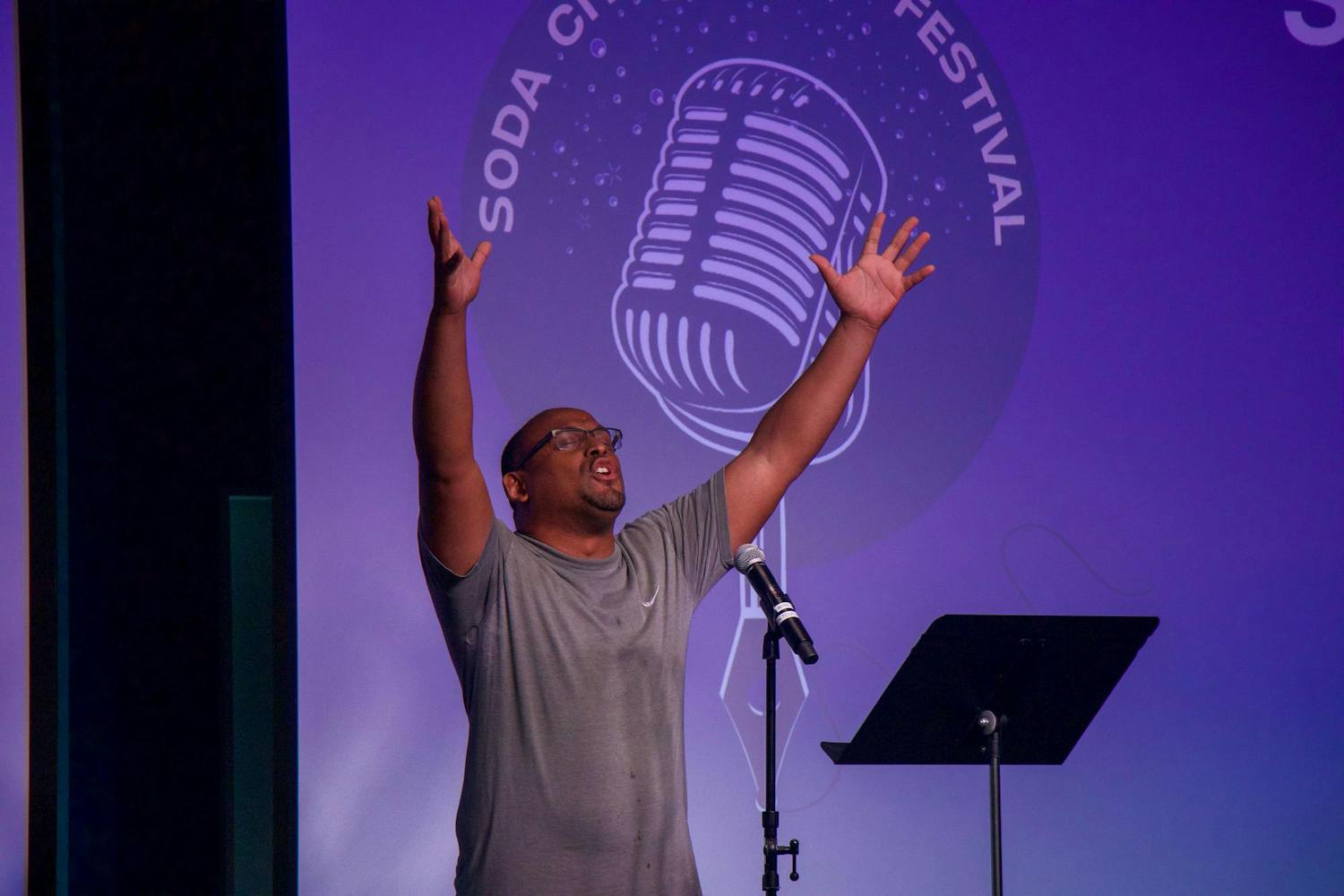 Lester “Blless” Boykin delivers an emotional and heartfelt reading of an original poem during the open mic session of the inaugural Soda City Poetry Festival on June 22, 2024. The festival aimed to promote and celebrate local and regional poets and artists.