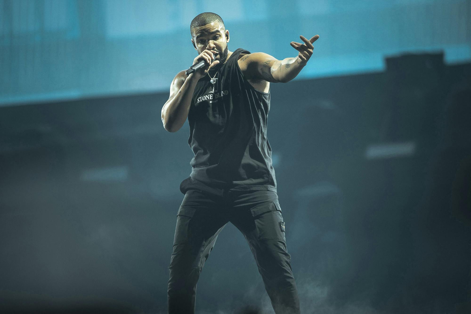 Drake performs on stage as a new cameo on Bad Bunny's smash hit "MIA" the rapper notched his 12th appearance on a Billboard top 10 single in 2018. That sets a new record over the prior landmark set by the Beatles in their world-conquering year of 1964. (Gonzales/Samy Khabthani/Avalon/Zuma Press/TNS)