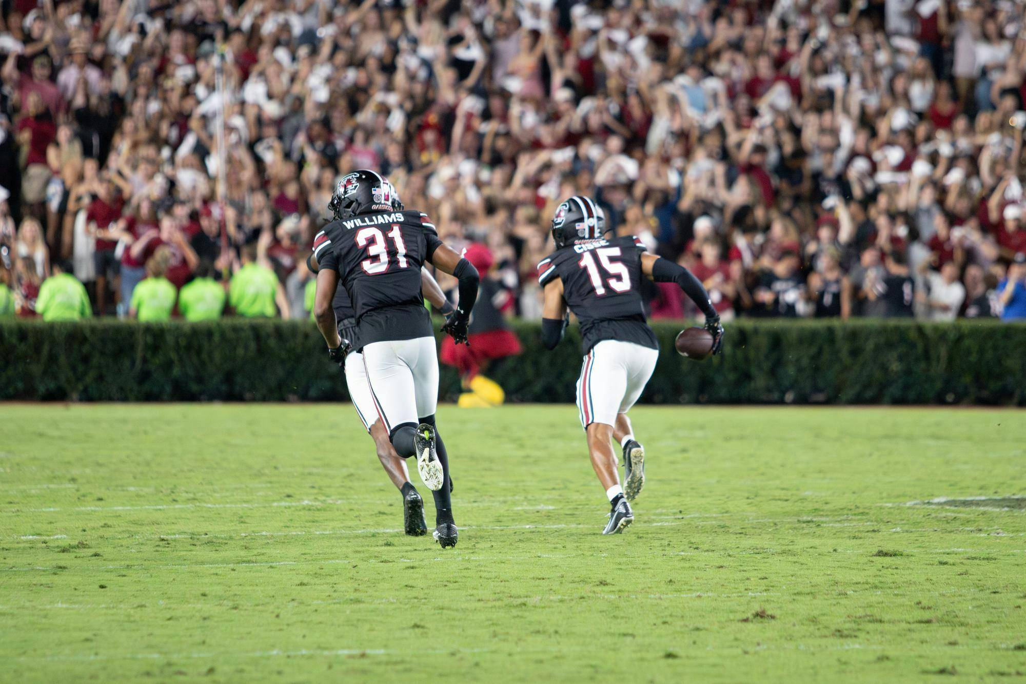 The Gamecock defense celebrates after an interception against University of Kentucky at Williams-Brice Stadium on Sept. 27, 2025. The Gamecock defense finished with two interceptions against the Wildcats.