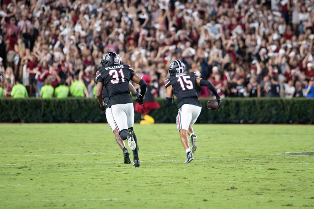 <p>The Gamecock defense celebrates after an interception against University of Kentucky at Williams-Brice Stadium on Sept. 27, 2025. The Gamecock defense finished with two interceptions against the Wildcats.</p>