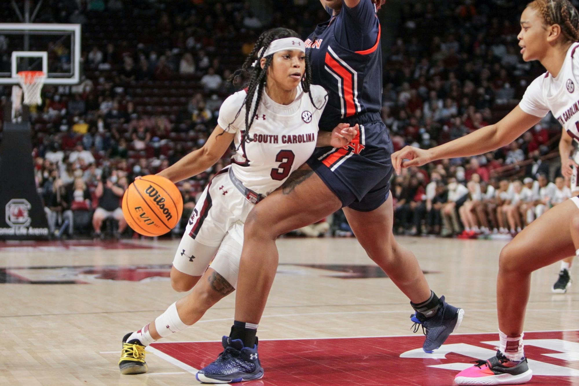 Senior guard Destanni Henderson works toward the basket during a game on Feb. 17, 2022 at Colonial Life Arena in Columbia, SC. The Gamecocks beat Auburn 75-38.