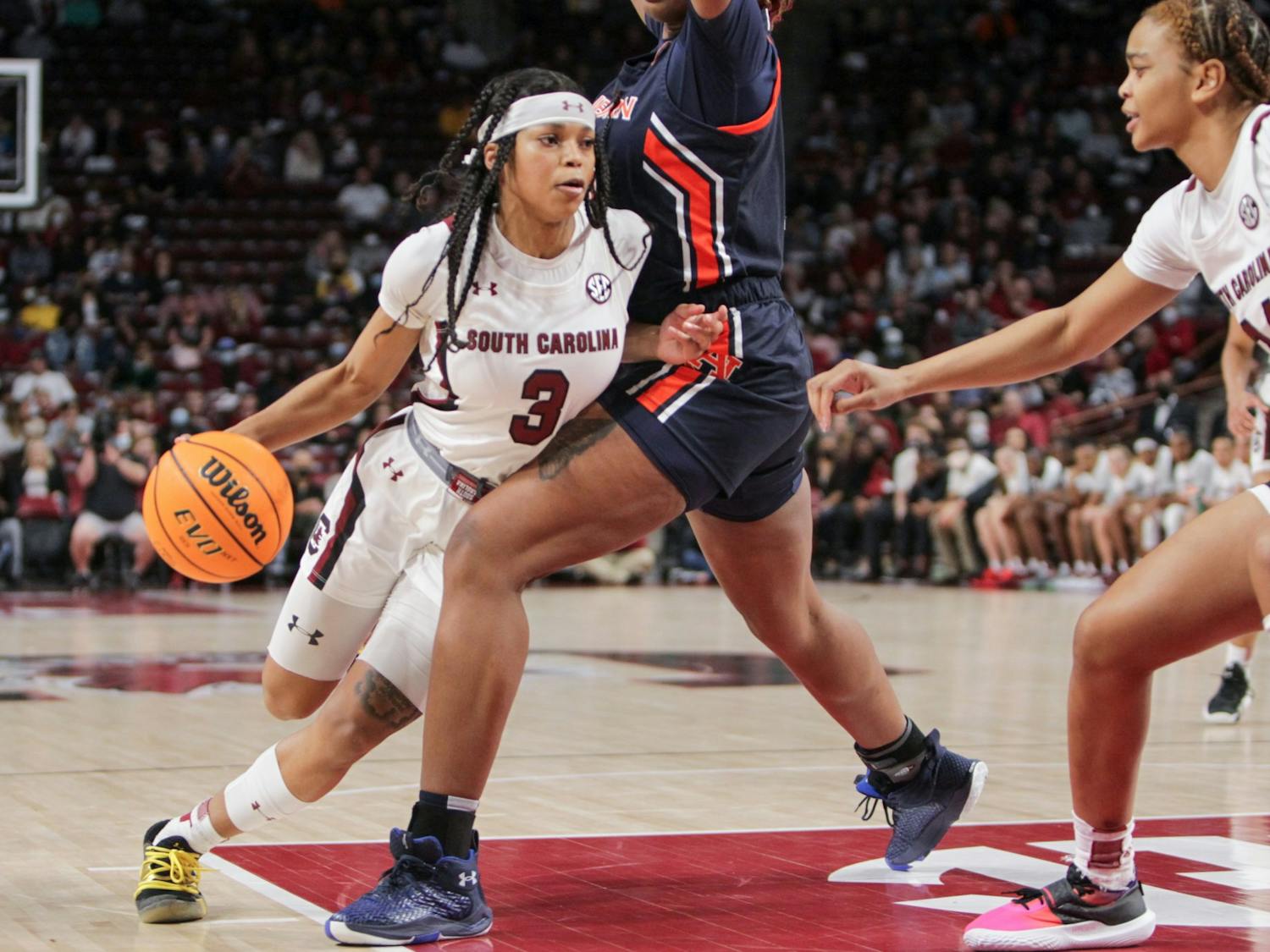 Senior guard Destanni Henderson works toward the basket during a game on Feb. 17, 2022 at Colonial Life Arena in Columbia, SC. The Gamecocks beat Auburn 75-38.