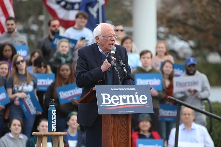 Vermont sen. and Democratic nominee candidate Bernie Sanders speaks to supporters at Friday’s Bernie 2020 South Carolina rally in Finlay Park.
