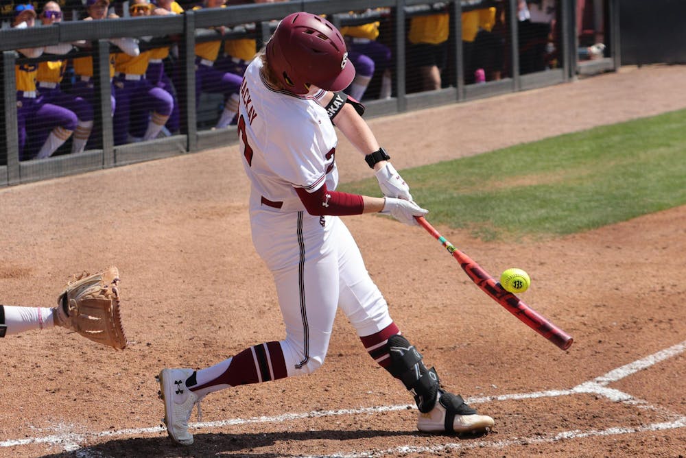 <p>FILE — Senior catcher Jamie Mackay makes contact at the plate against LSU at Carolina Softball Stadium at Beckham Field in Columbia on March 22, 2026. The Gamecocks defeated the Tar Heels 16-14 on April 22, 2026.</p>