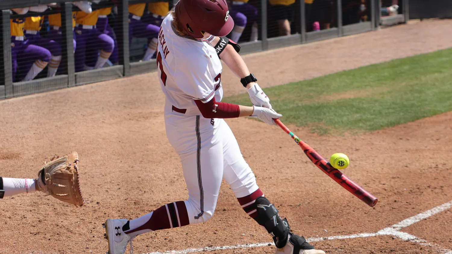 FILE — Senior catcher Jamie Mackay makes contact at the plate against LSU at Carolina Softball Stadium at Beckham Field in Columbia on March 22, 2026. The Gamecocks defeated the Tar Heels 16-14 on April 22, 2026.