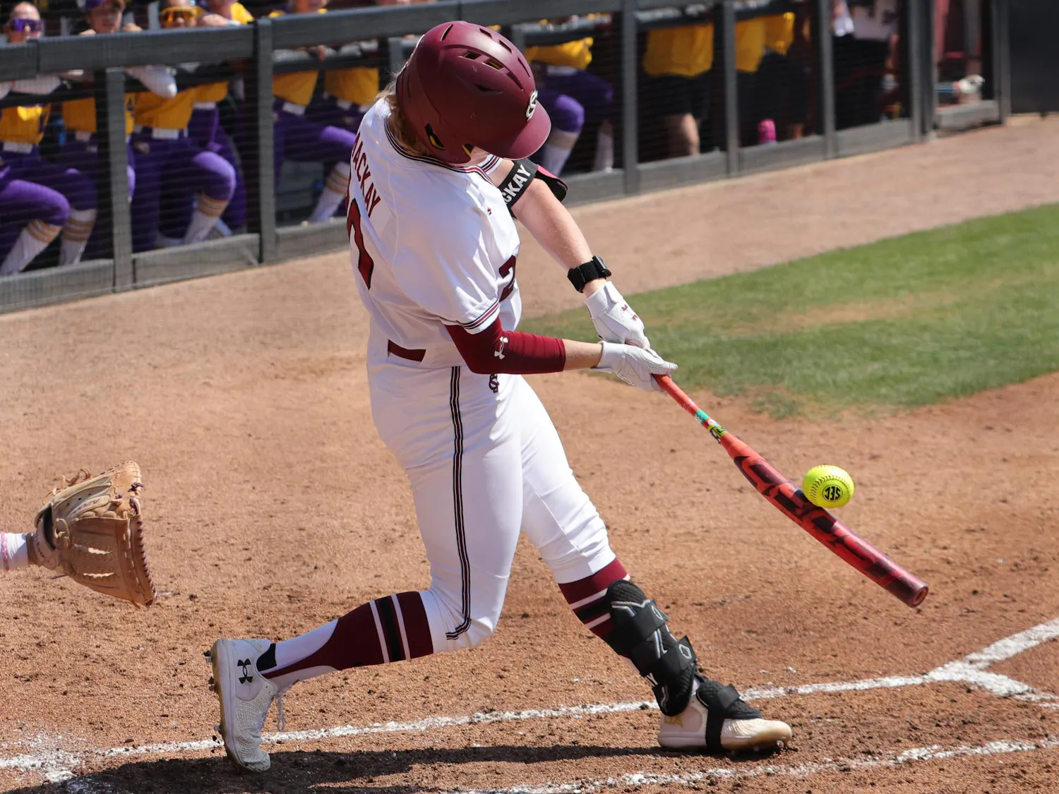 FILE — Senior catcher Jamie Mackay makes contact at the plate against LSU at Carolina Softball Stadium at Beckham Field in Columbia on March 22, 2026. The Gamecocks defeated the Tar Heels 16-14 on April 22, 2026.
