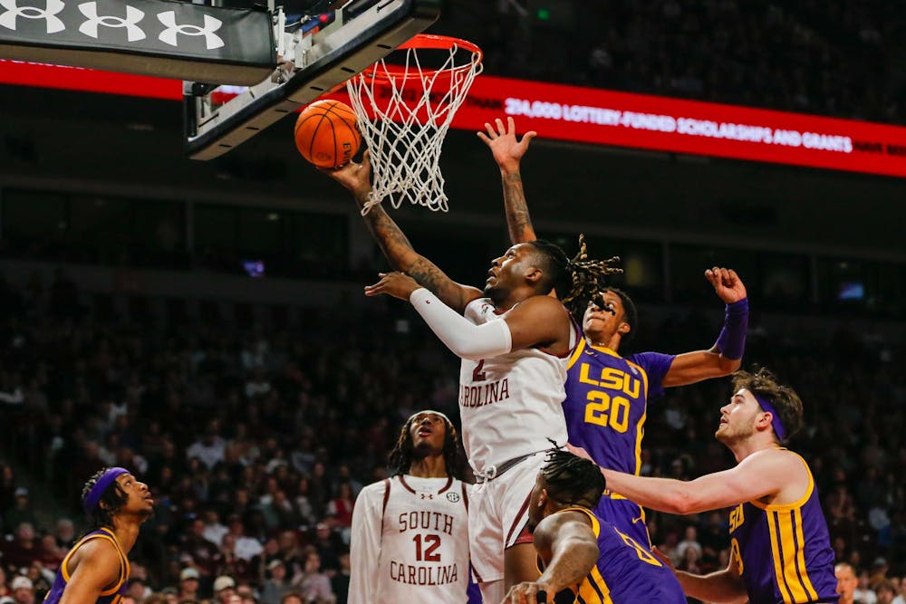 <p>Graduate student forward B.J. Mack goes for a layup during South Carolina’s game against LSU at Colonial Life Arena on Feb. 17, 2024. Mack was responsible for putting up 18 points in the Gamecocks’ 64-63 loss to the Tigers.</p>